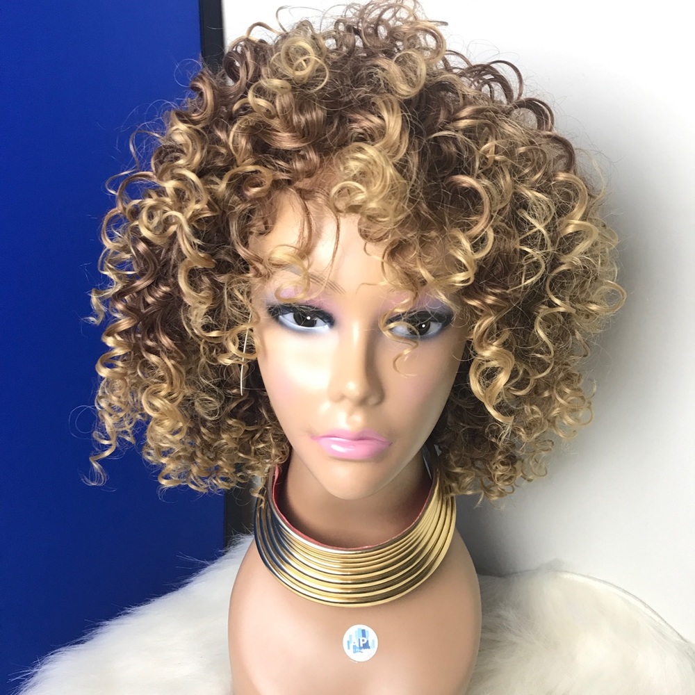 Blonde curly wig (full cap) free wig cap not human